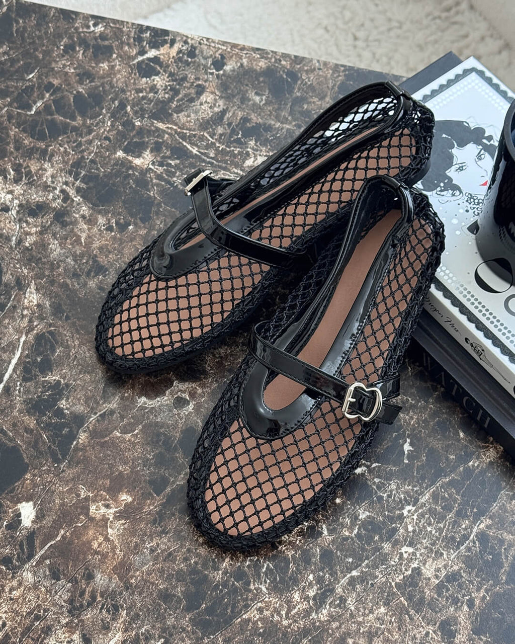 Women's mesh ballet flats with Mary Jane straps