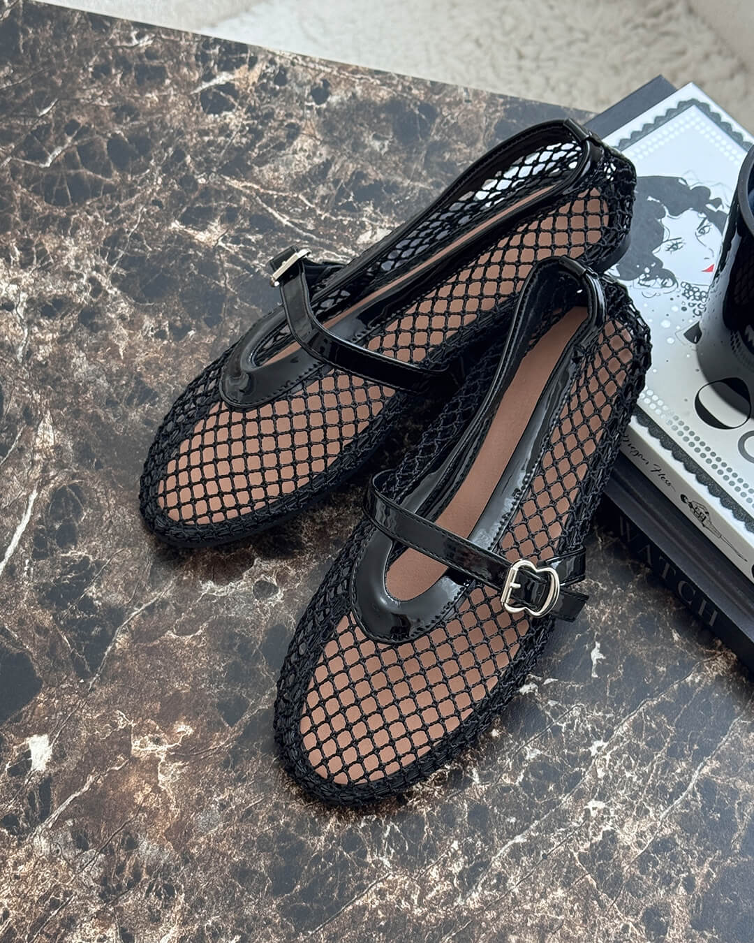 Women's mesh ballet flats with Mary Jane straps