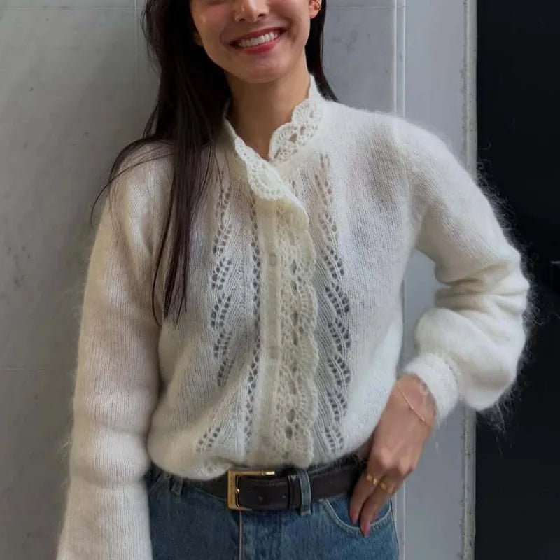 Women's white knit cardigan with lace front panels and long sleeves