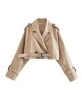 Women's beige cropped trench jacket with belt and long sleeves