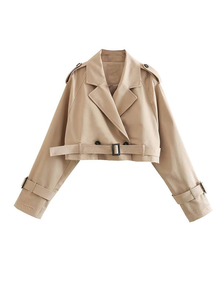 Women's beige cropped trench jacket with belt and long sleeves