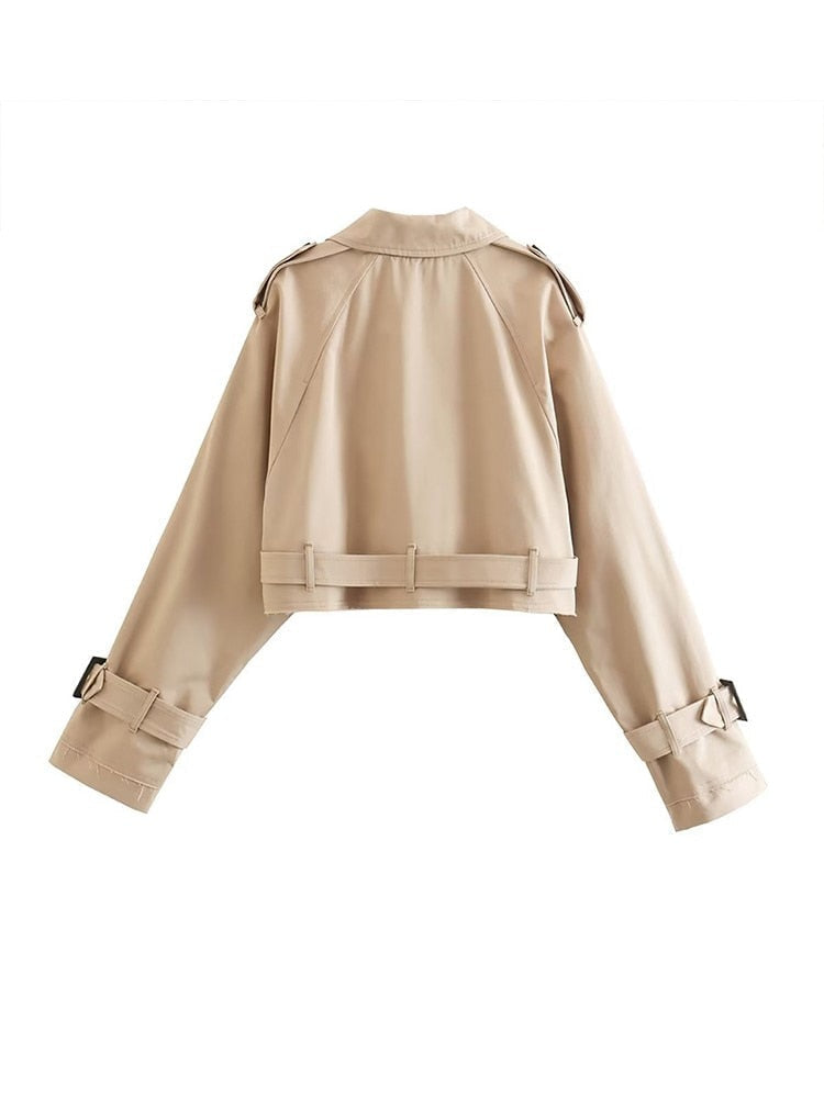 Women's beige cropped trench jacket with belt and long sleeves