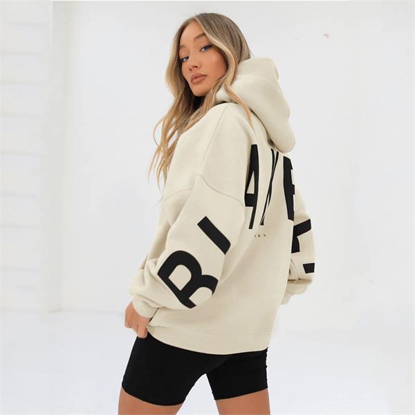 Women's graphic print hoodie with hood and bold back lettering