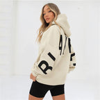 Women's graphic print hoodie with hood and bold back lettering