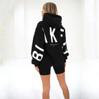 Women's graphic print hoodie with hood and bold back lettering