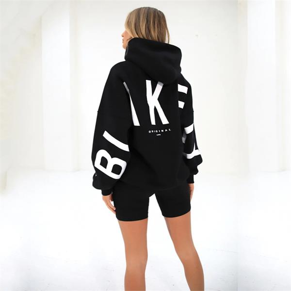 Women's graphic print hoodie with hood and bold back lettering