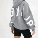 Women's graphic print hoodie with hood and bold back lettering