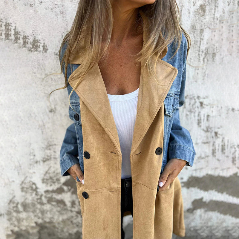 Women's mid-length trench coat with contrasting denim-look sleeves, lapel collar and button front