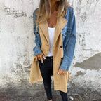 Women's mid-length trench coat with contrasting denim-look sleeves, lapel collar and button front