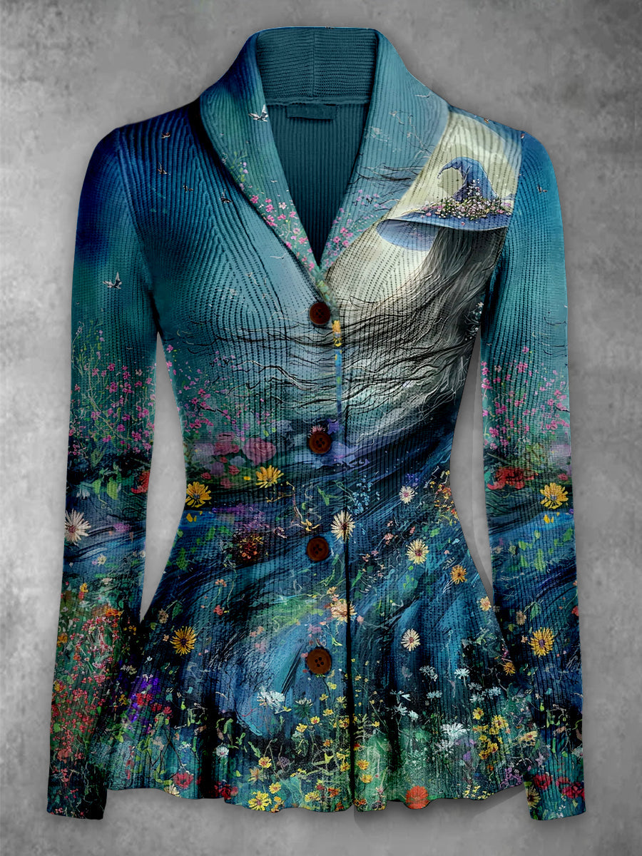 Women's blue printed knit cardigan with witch and floral artwork