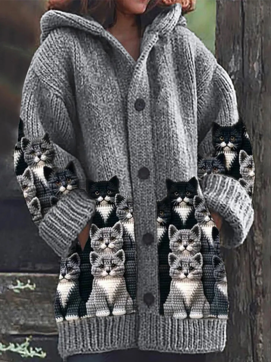 Women's hooded cardigan with cat print panels, long sleeves and front buttons