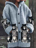 Women's hooded cardigan with cat print panels, long sleeves and front buttons