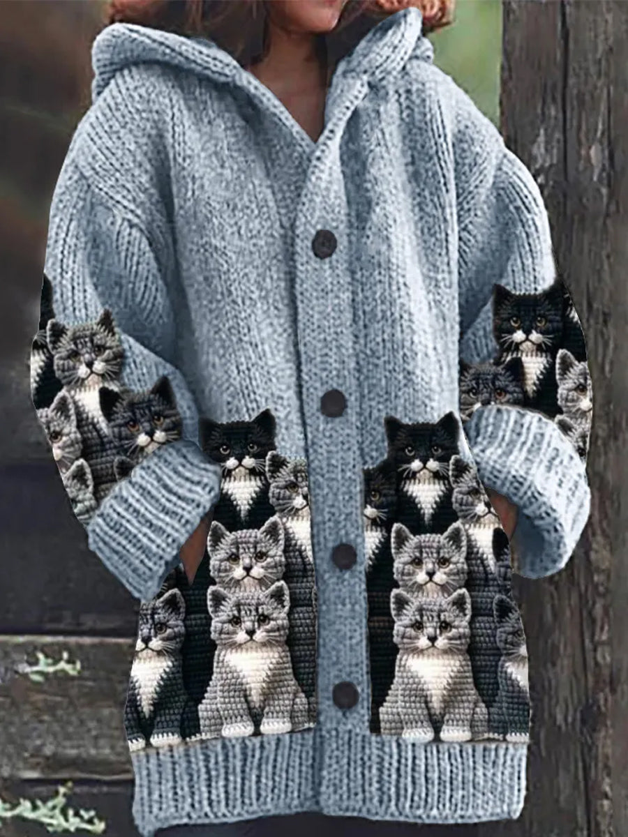 Women's hooded cardigan with cat print panels, long sleeves and front buttons