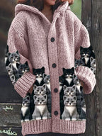 Women's hooded cardigan with cat print panels, long sleeves and front buttons