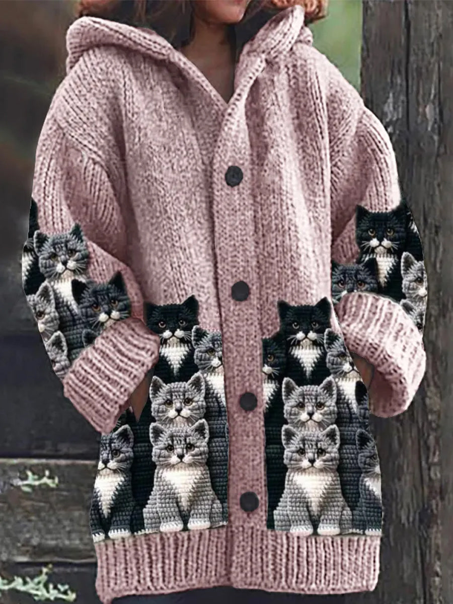 Women's hooded cardigan with cat print panels, long sleeves and front buttons