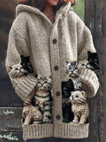 Women's hooded cardigan with cat print panels, long sleeves and button front