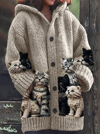 Women's hooded cardigan with cat print panels, long sleeves and button front