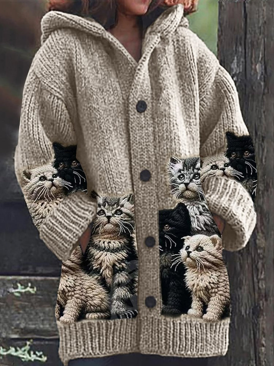 Women's hooded cardigan with cat print panels, long sleeves and button front