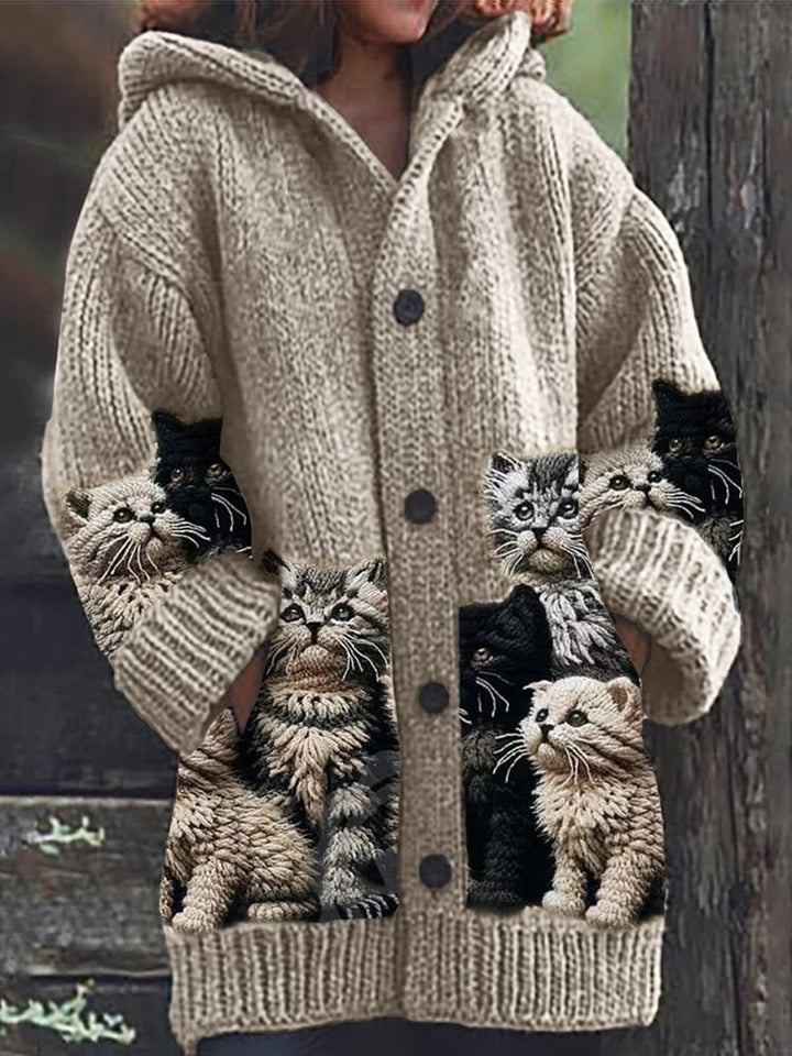 Women's hooded cardigan with cat print panels, long sleeves and button front
