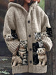 Women's hooded cardigan with cat print panels, long sleeves and button front