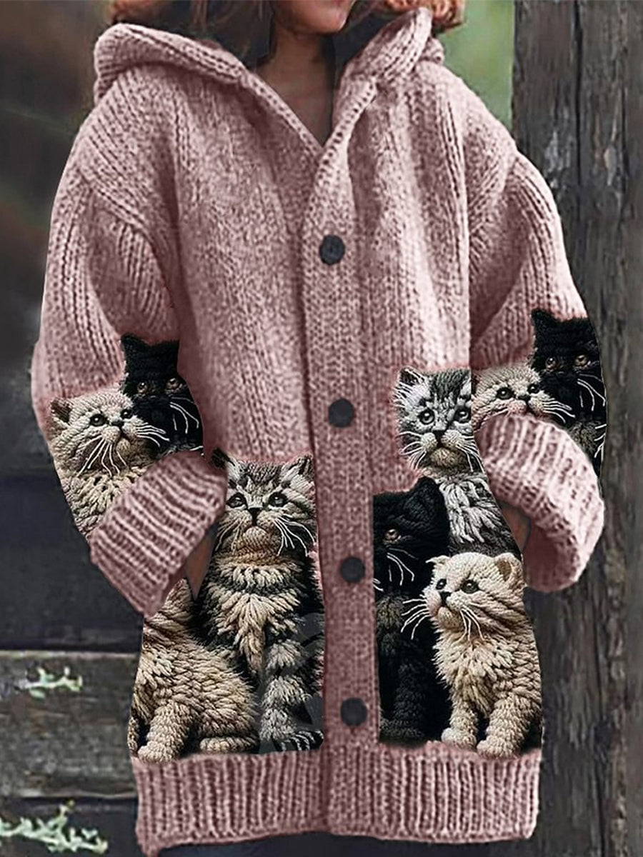 Women's hooded cardigan with cat print panels, long sleeves and button front
