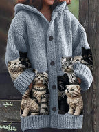 Women's hooded cardigan with cat print panels, long sleeves and button front