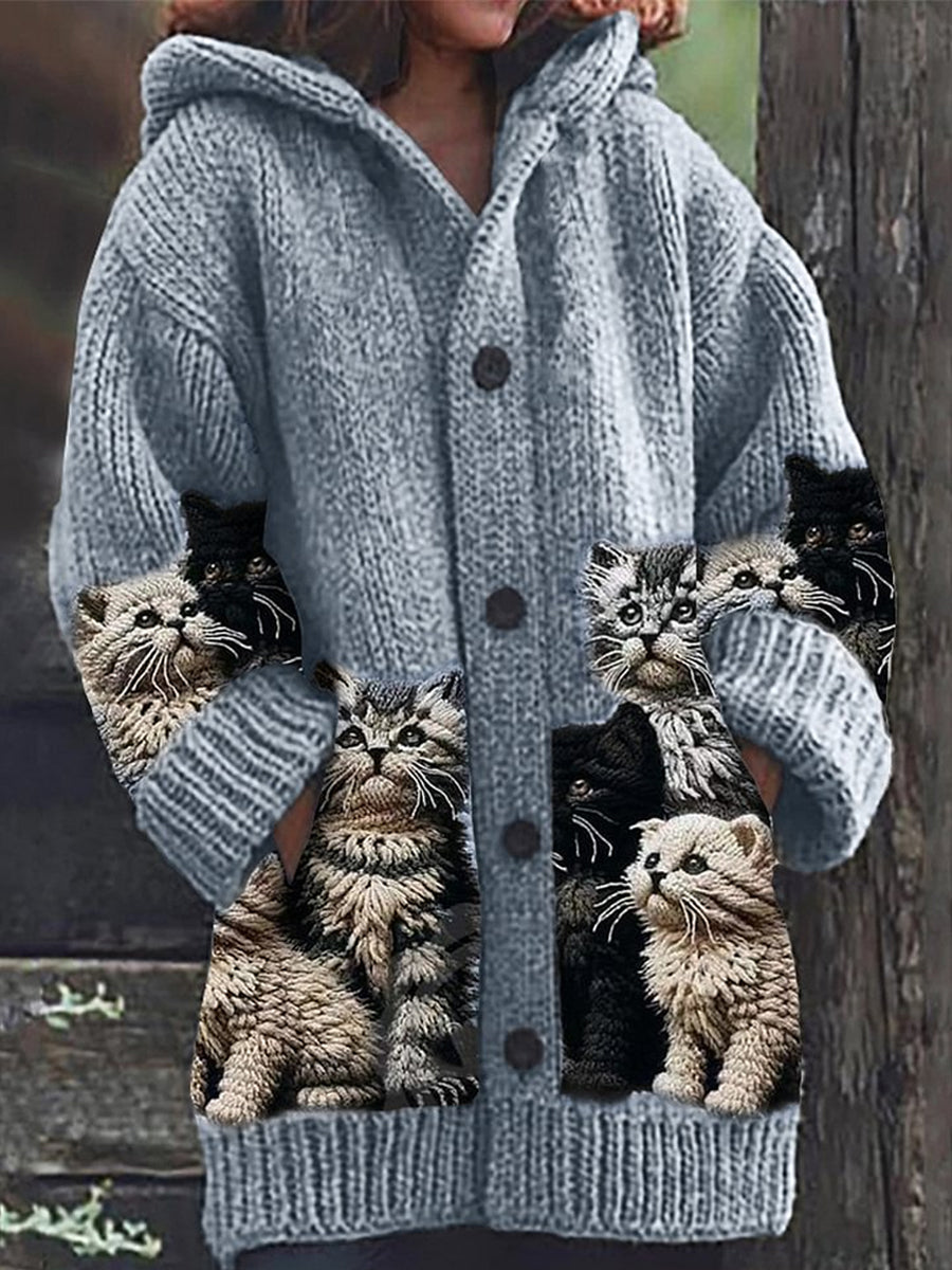 Women's hooded cardigan with cat print panels, long sleeves and button front