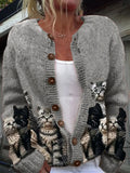 Women's button-front cardigan with a repeated cat print and long sleeves