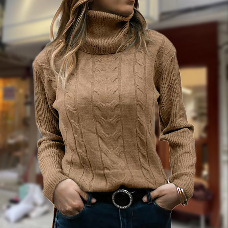 Women's cable knit turtleneck sweater with long sleeves and ribbed trims