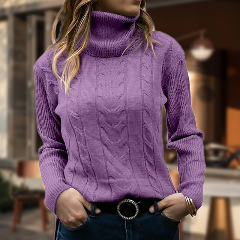 Women's cable knit turtleneck sweater with long sleeves and ribbed trims