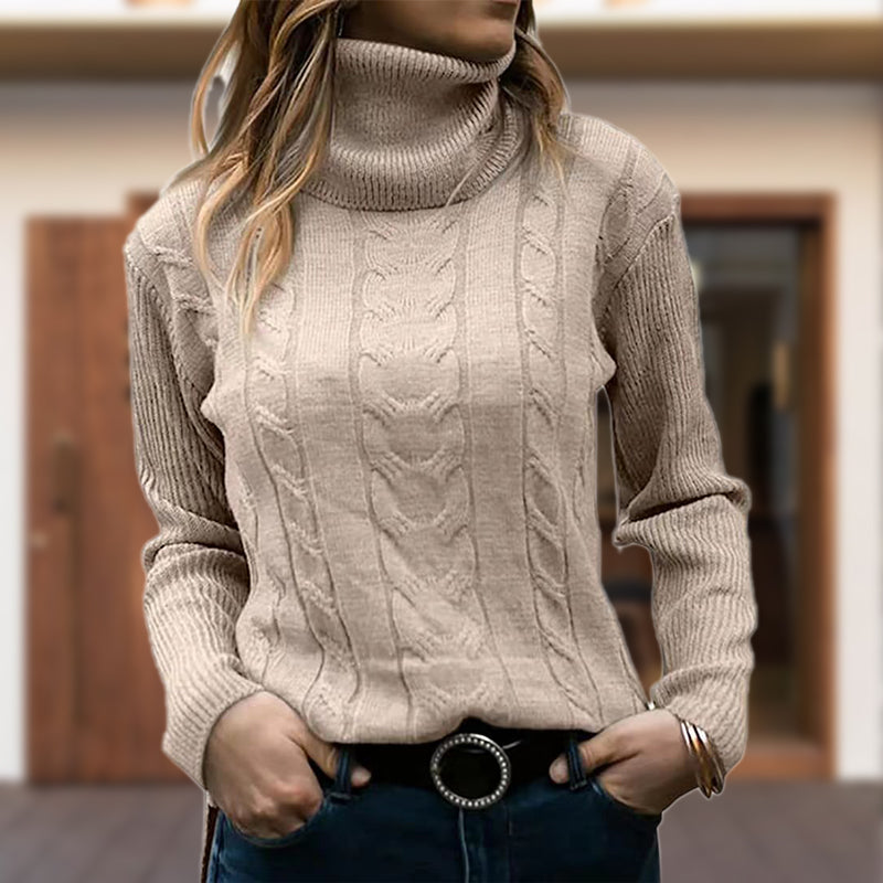 Women's cable knit turtleneck sweater with long sleeves and ribbed trims