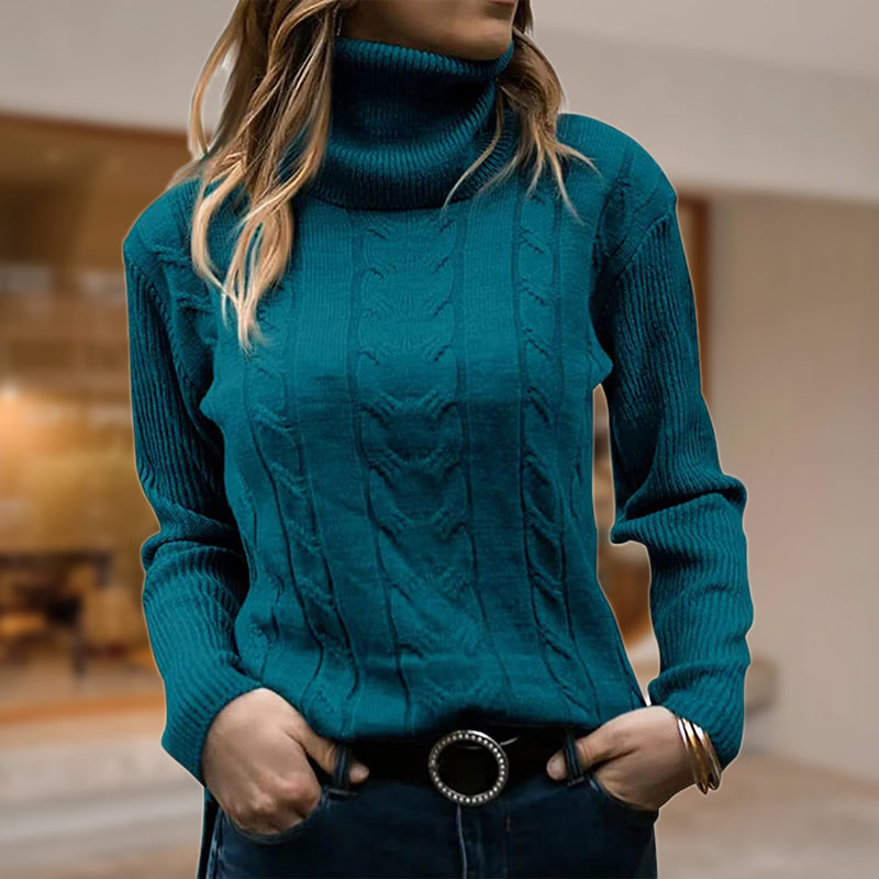 Women's cable knit turtleneck sweater with long sleeves and ribbed trims