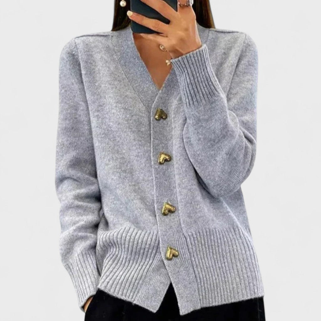 Women's V-neck button cardigan with long sleeves and front pockets