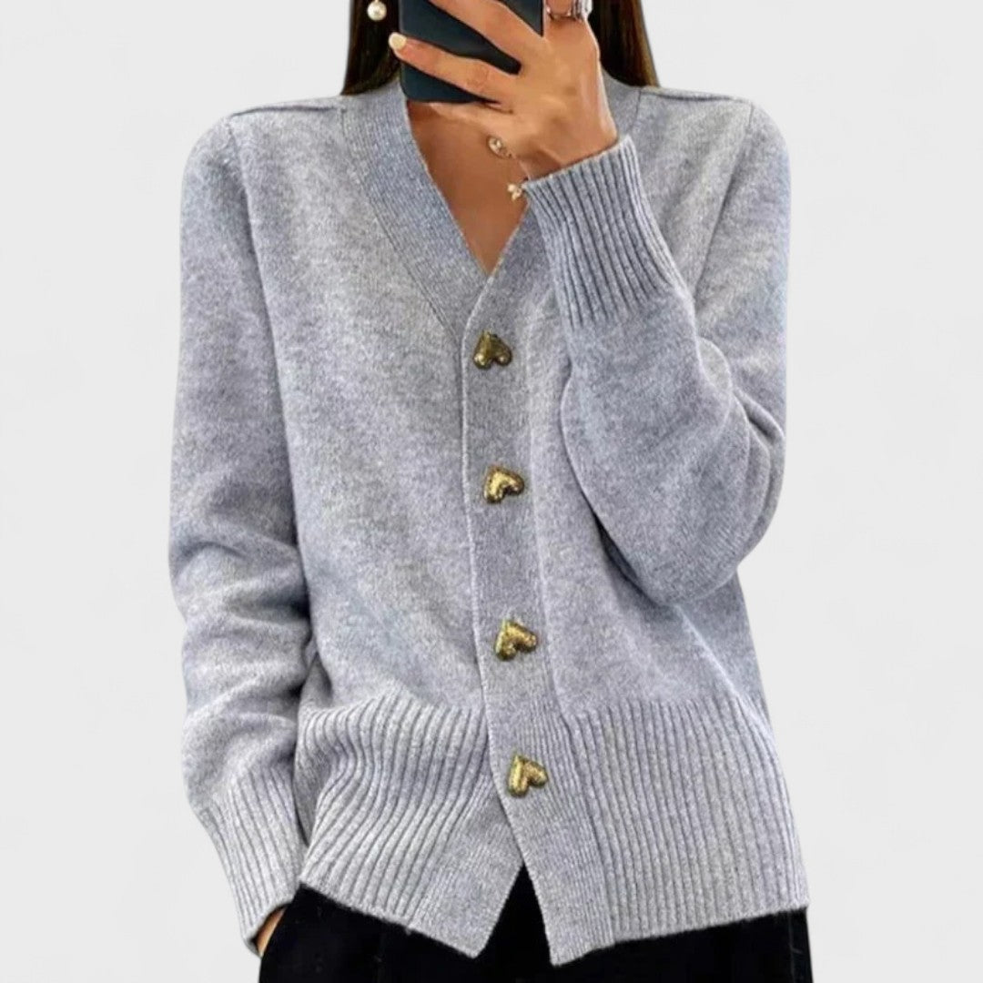 Women's V-neck button cardigan with long sleeves and front pockets