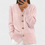 Women's V-neck button cardigan with long sleeves and front pockets