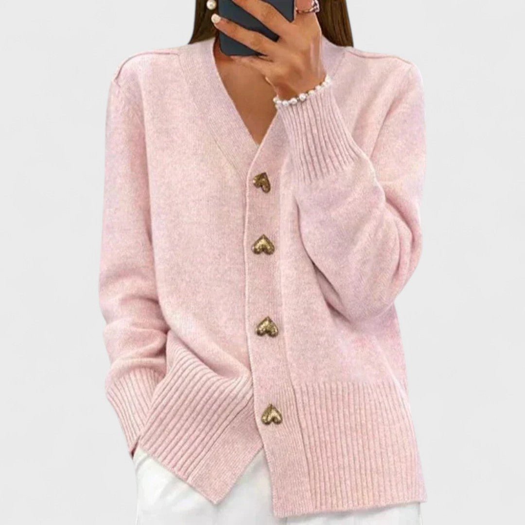 Women's V-neck button cardigan with long sleeves and front pockets