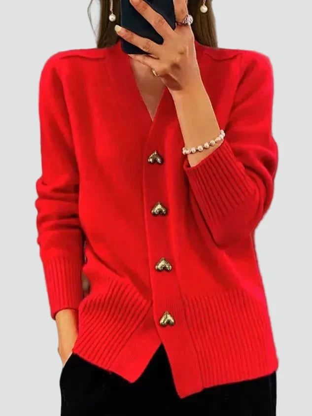 Women's long-sleeved V-neck button cardigan with ribbed trims and front pockets