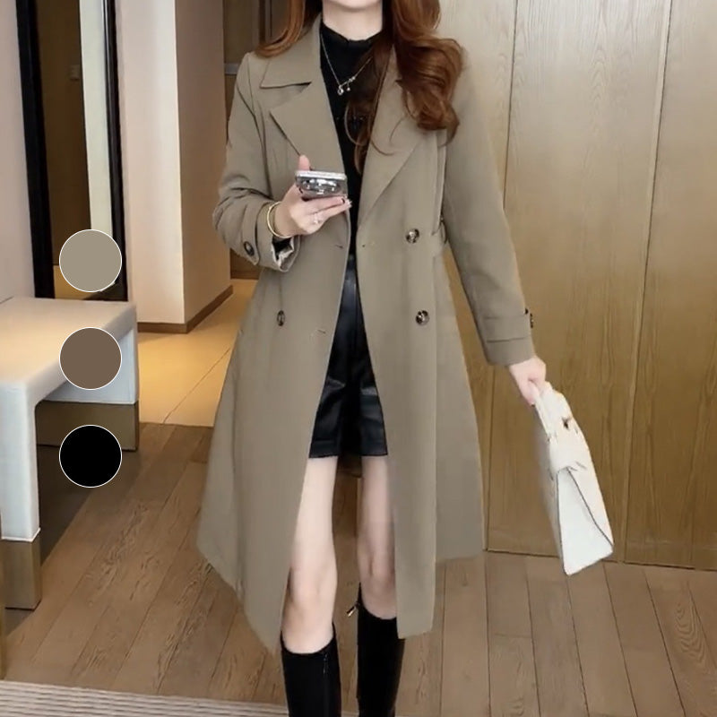 Women's long double-breasted trench coat with notched lapels and long sleeves