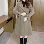 Women's long double-breasted trench coat with notched lapels and long sleeves
