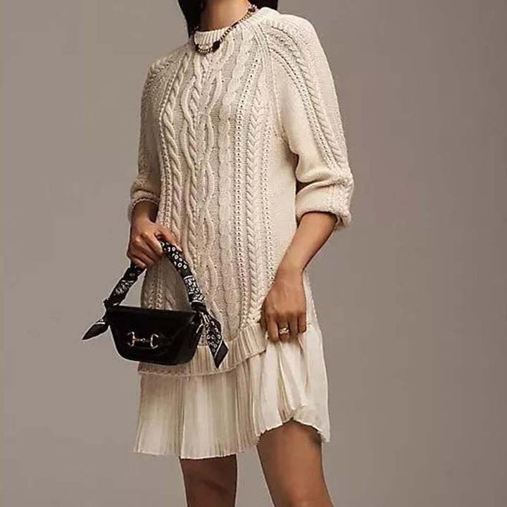 Women's cable knit mini dress with long sleeves and pleated lower skirt