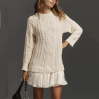 Women's cable knit mini dress with long sleeves and pleated lower skirt