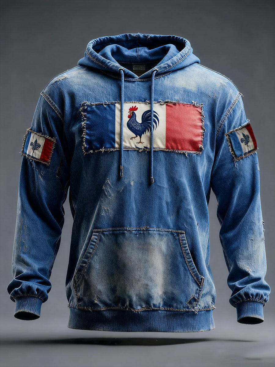 Blue distressed graphic hoodie with French flag chest panel and hood