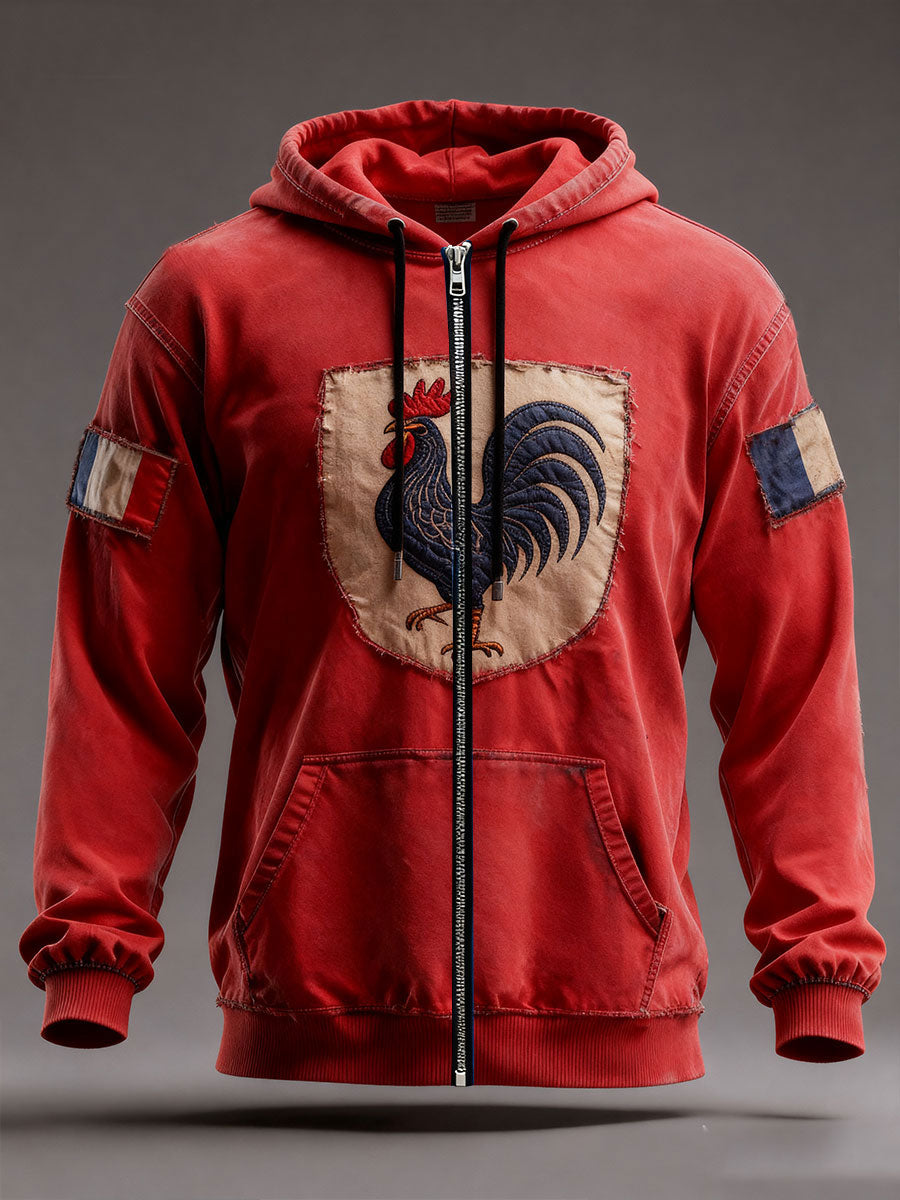 Men's hooded zip hoodie with rooster graphic and front pockets