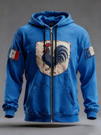 Men's hooded zip hoodie with rooster graphic and front pockets