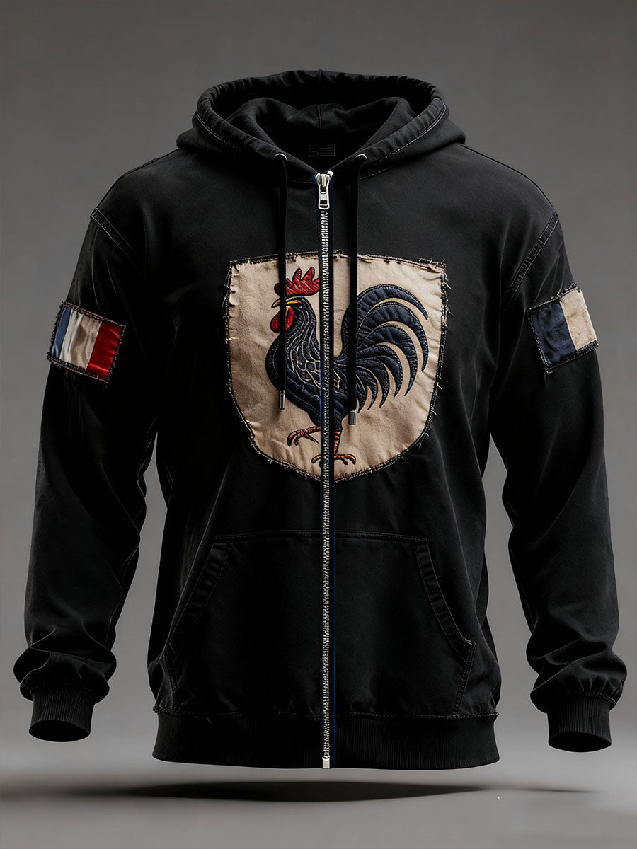 Men's hooded zip hoodie with rooster graphic and front pockets
