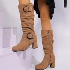 Women's slouch knee-high boots with two circular buckle straps