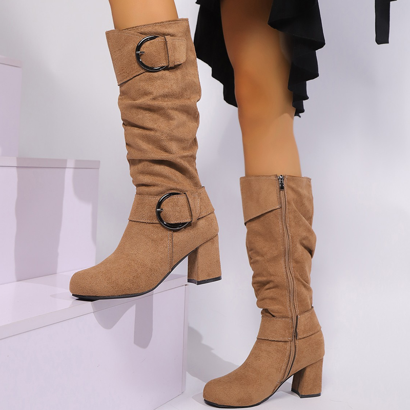 Women's slouch knee-high boots with two circular buckle straps