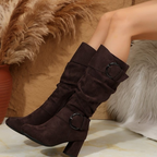 Women's slouch knee-high boots with two circular buckle straps