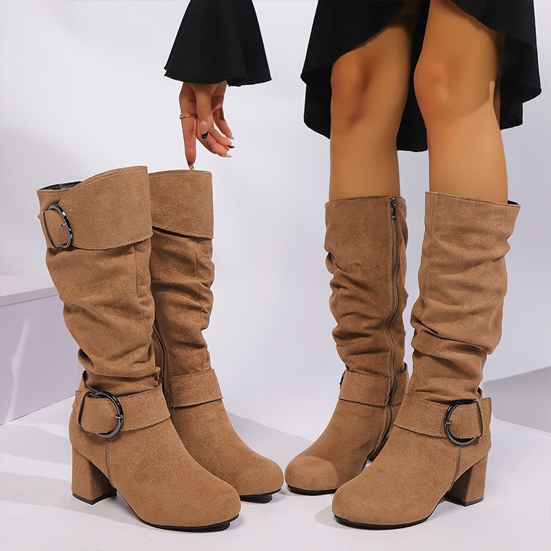 Women's slouch knee-high boots with two circular buckle straps