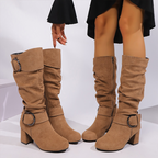 Women's slouch knee-high boots with two circular buckle straps